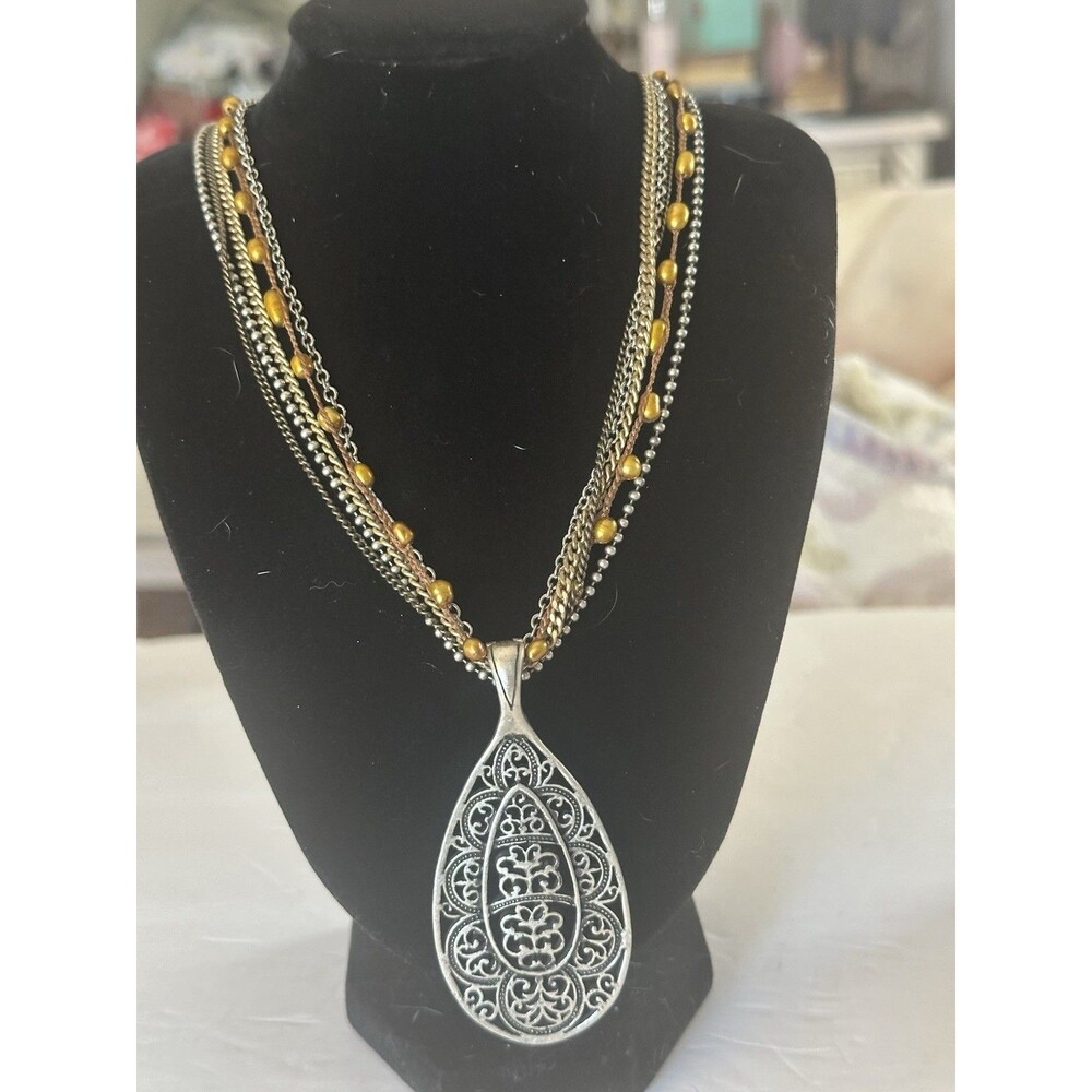 Premier Designs Mixed Metal Layered Necklace Large Filigree Pendant Boho